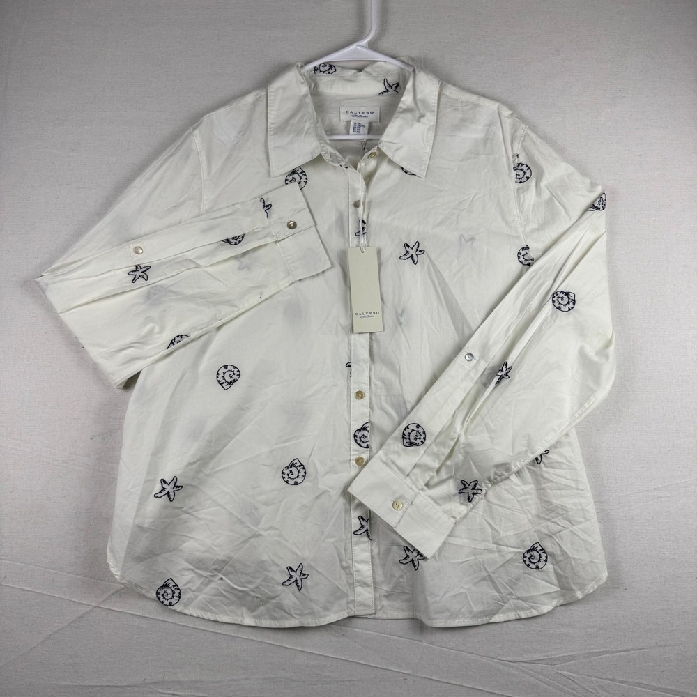 Calypso St Barth XXL White Cotton Poplin Starfish Shell Embroidered Shirt NWT